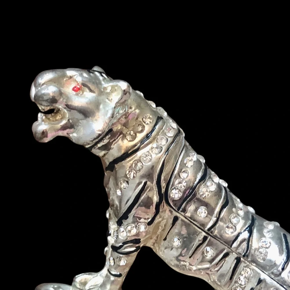 Ornate Silver Tone Tiger Trinket Box Enamel Rhinestone Hinged Magnetic Feng Shui